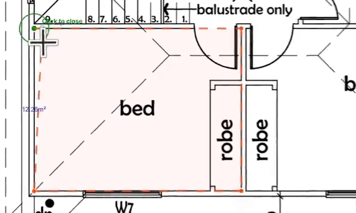 Tracing a bedroom with the Area tool, with the Click to close hint on the first corner and the area so far shown