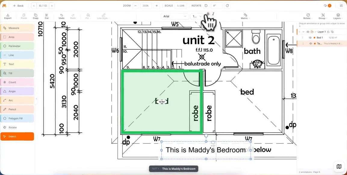 The MetreMate editor with a bedroom traced as an area, a text note under it and the layers panel open