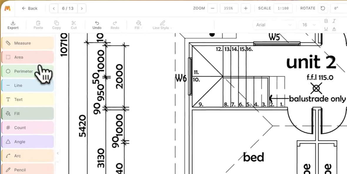 The top of the MetreMate editor: Back, the page switcher, Zoom, Scale and Rotate, the toolbar and the tool list