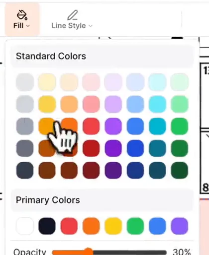 The Fill menu with standard colors, primary colors and an opacity slider set to 30 percent