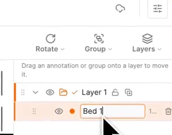 The layers panel with Layer 1 open and an area being renamed to Bed 1