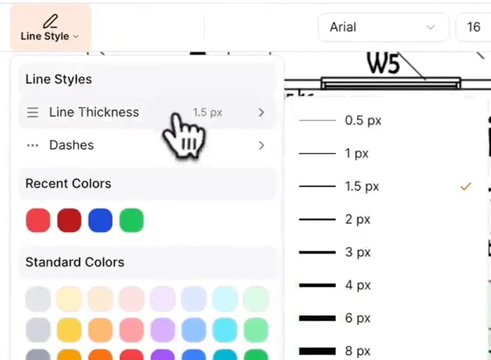 The Line Style menu with Line Thickness from 0.5 px to 8 px and more, Dashes, recent colors and standard colors